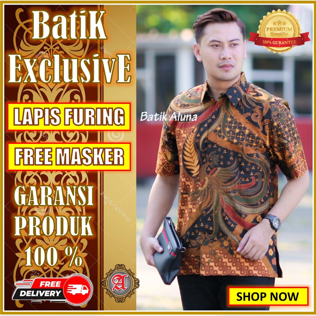 Kemeja Batik Alisan Lengan Pendek Hem Batik Solo MensBatik Slimfit Premium Batik Aluna Free Masker B