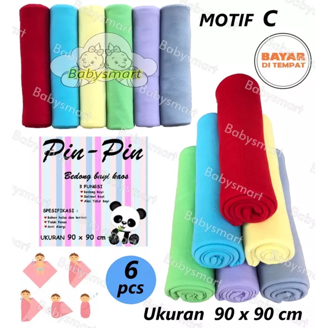 Babysmart - 6 Pcs Bedong Bayi Kaos PIN PIN Multi Colour Size 90 x 90 cm/Selimut Bayi/Alas bayi/Alas kereta/perlengkapan bayi