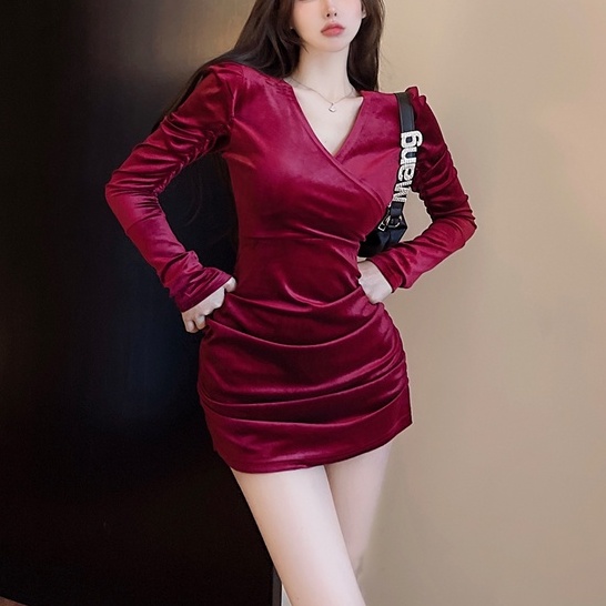 Sexy Long Sleeve Vneck Bodycon Dress Wanita Lengan Panjang 1379 (S/M/L)