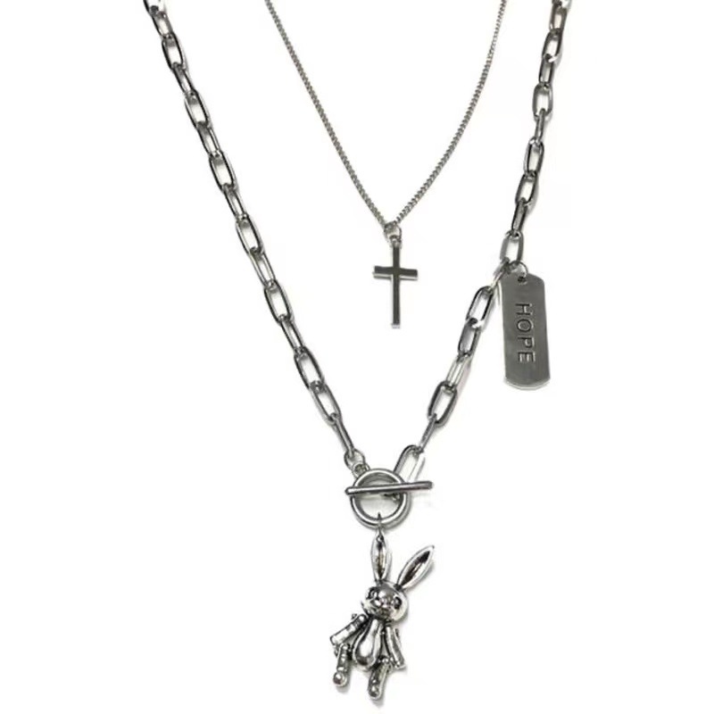 Cross kelinci surat kalung tren hip hop gaya dingin kalung cocok untuk pria dan wanita double layer