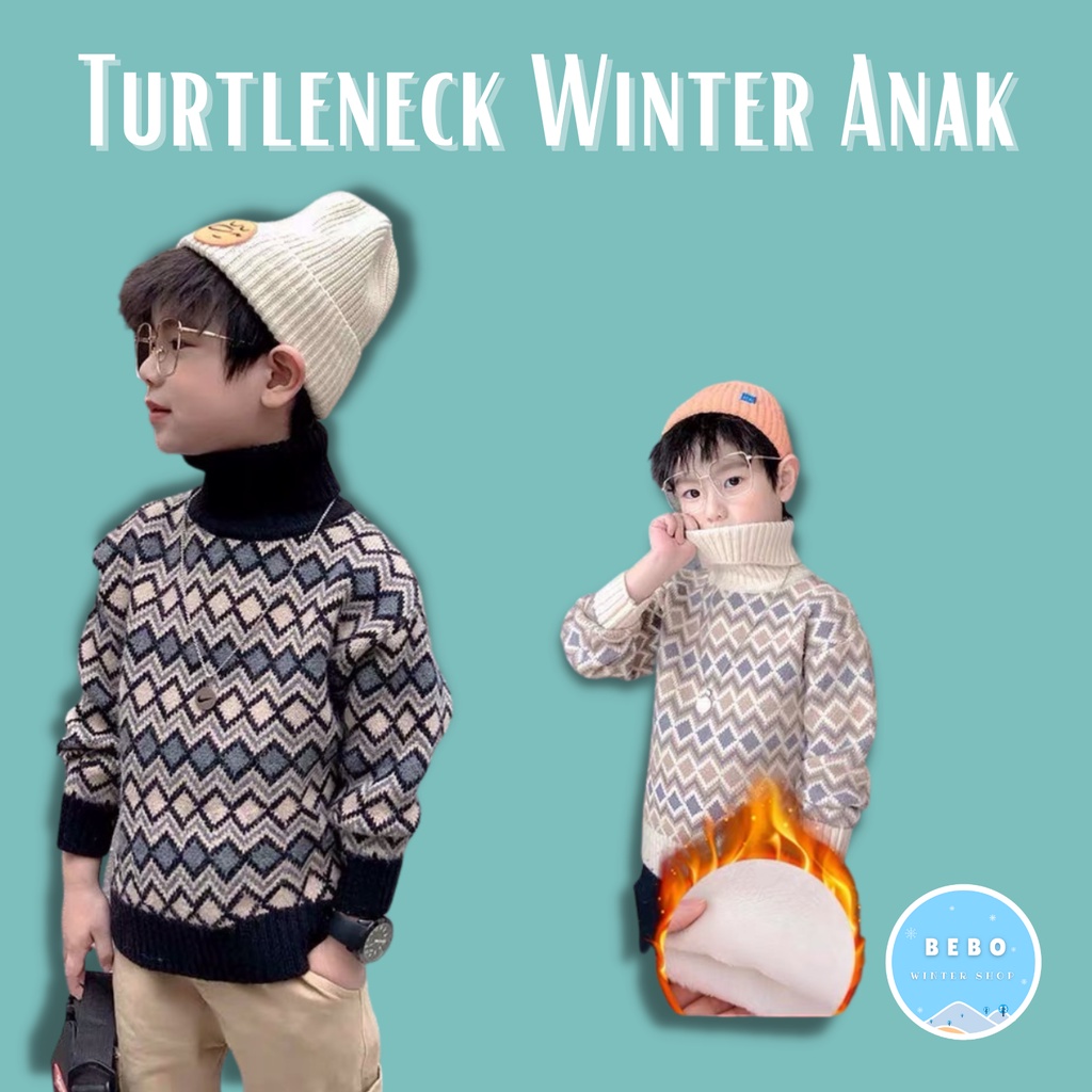 Sweater Wol Rajut Anak Turtleneck inner Velvet untuk Winter