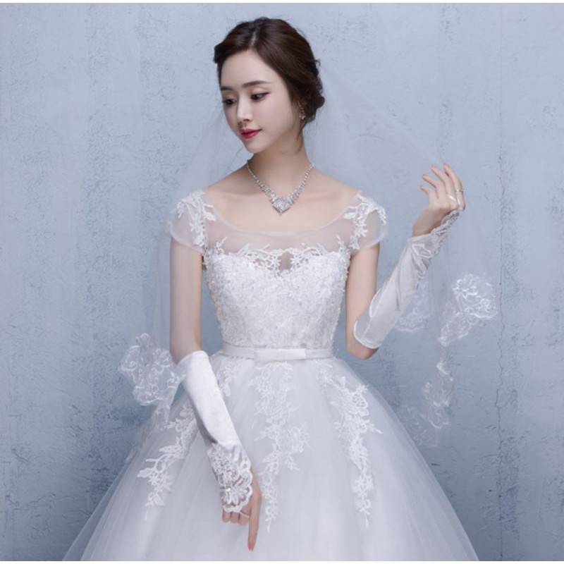 SLAYER/kerudung pengantin 1layer white elbow tulle lace edge wedding bridal...1.5m-1