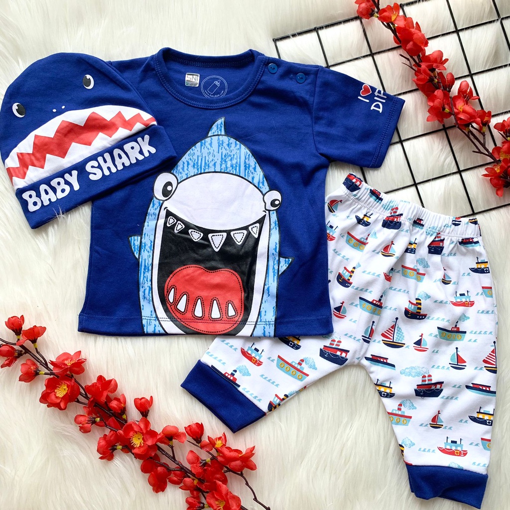 Baju setelan kaos celana topi motif shark hiu bestseller fashion anak bayi laki cowok murah -bab