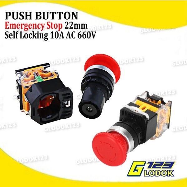 Push Button Emergency Stop Self Locking Switch 22 mm Tombol Darurat