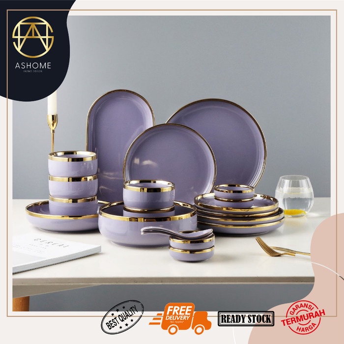 ASHOME Piring Makan Keramik Ungu Lilac Gold / Piring Ungu Keramik List Gold / Mangkuk Keramik Ungu G
