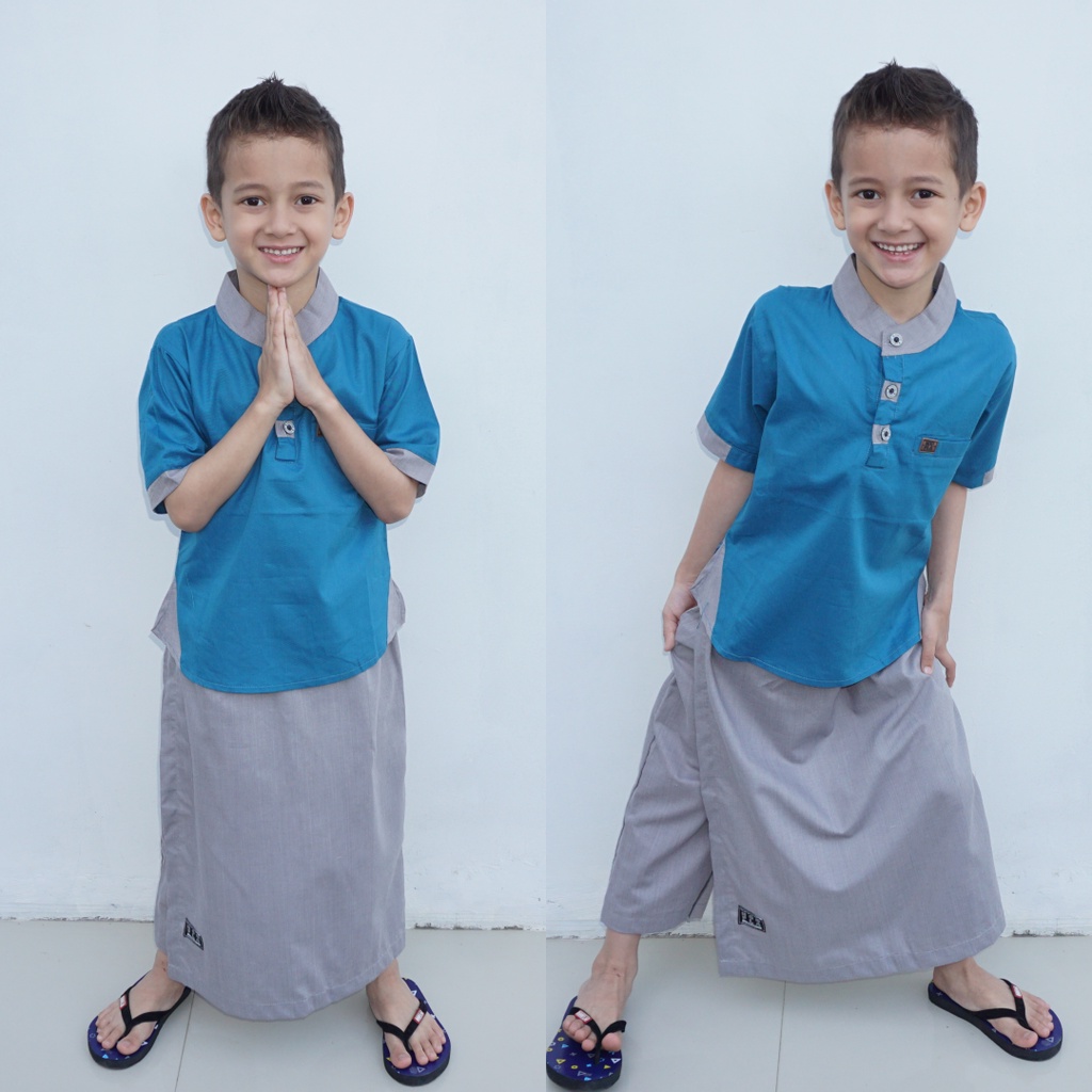 Hooflakids Set Setelan Baju Koko Anak Laki Laki Usia 1-10 Tahun Warna Biru Tosca (NKH01) Bawahan Celana Sarung Sarcel