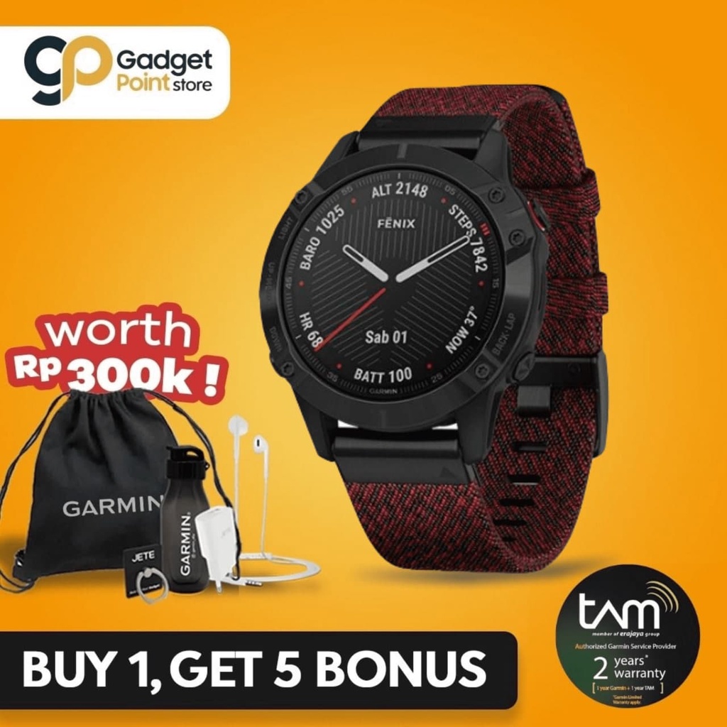 Garmin Watch Fenix 6 Black DLC with Heathered Red Nylon Band - Garansi Resmi Tam 2 Tahun