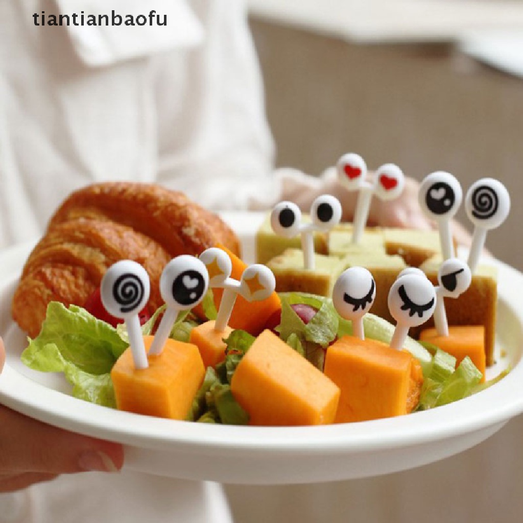 [tiantianbaofu] 10Pcs/Set Mini Skewers Cute Cartoon Eyes Kawaii Lunch Bento Box Food Fruit Fork Boutique