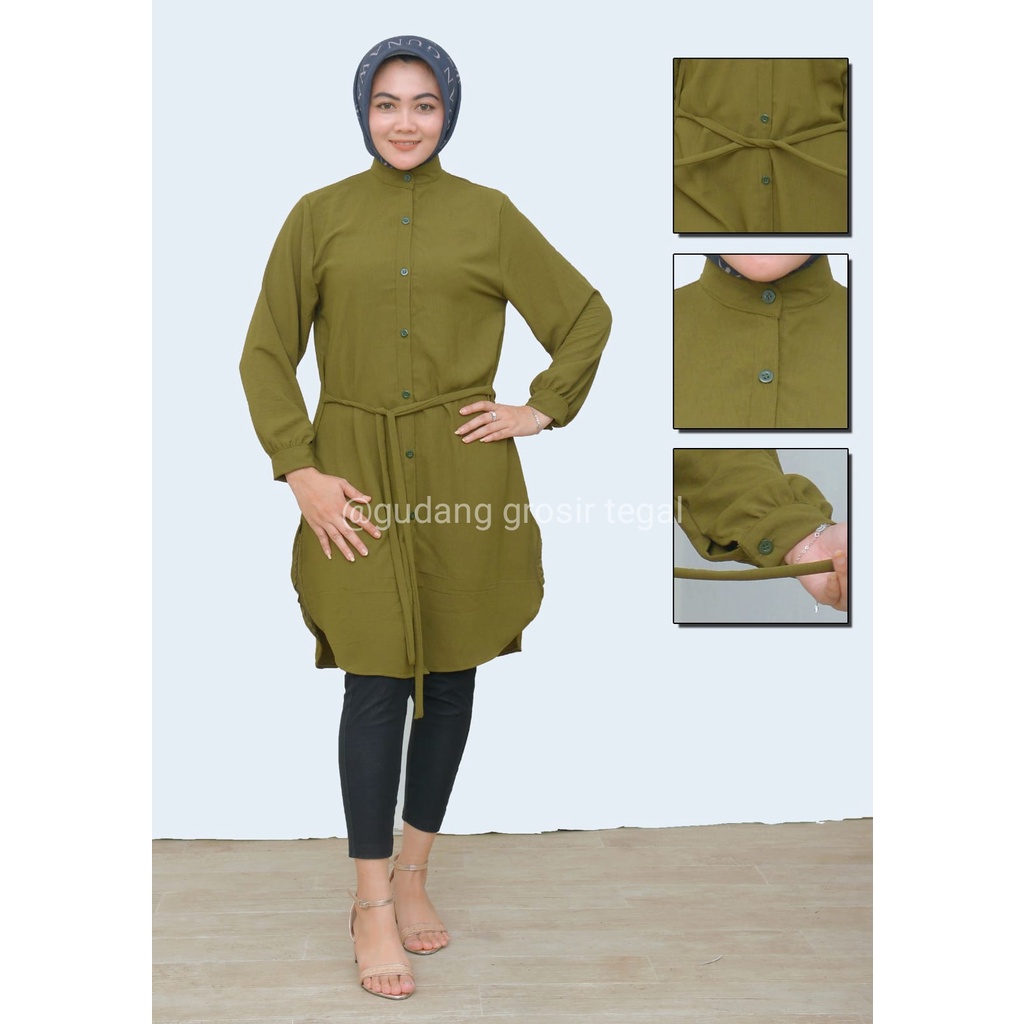 KEMEJA TUNIK POLOS JUMBO WANITA / KEMEJA TUNIK CRINGKLE AIRFLOW TALI PINGGANG L XL XXL