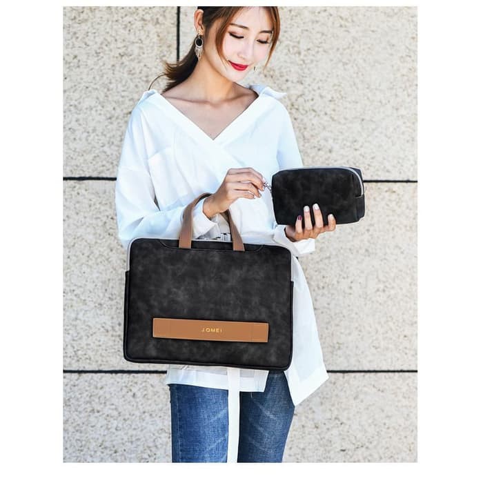Tas Laptop Jinjing J.QMEI PU leather with free pouch 13 14 inch - Hitam