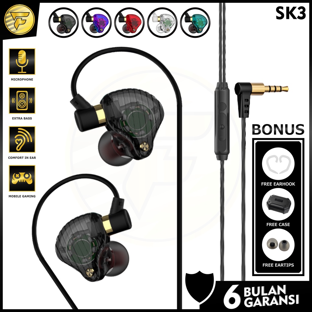 QKZ SK3 earphone Sport HIFI BASS stereo music telfon headset dengan mic original