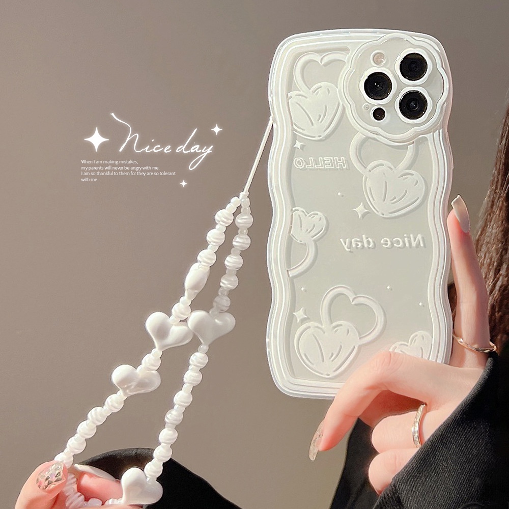 Case Pelindung Transparan Motif Hati Putih Dengan Rantai Untuk Iphone 13 7 + 8 Plus SE 2020 XS XR 11 12 PRO MAX