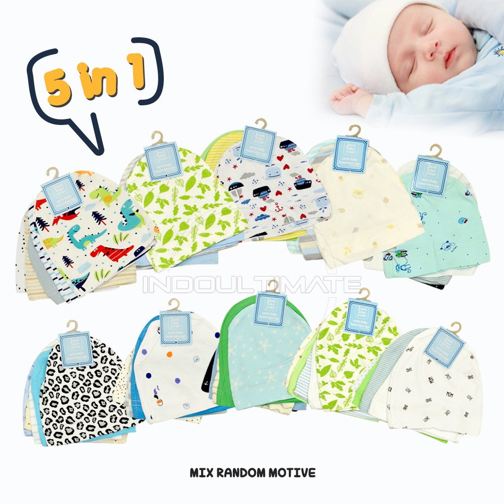 Topi Kupluk Bayi 5in1 100% COTTON BH-96A Topi Bayi isi 5 Pcs Baby Hat New Born Pelindung Kepala Bayi