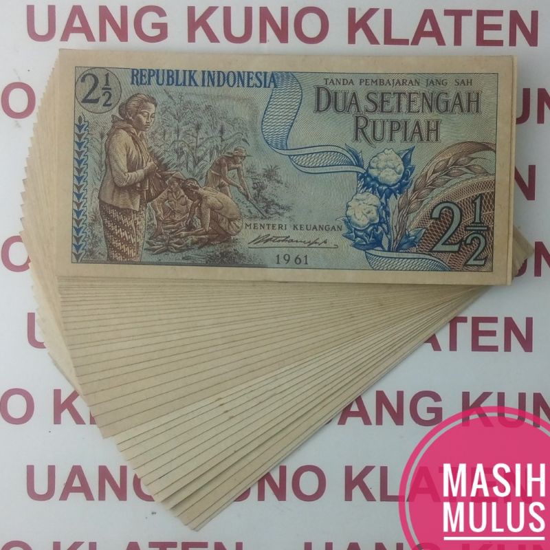 Gress Mulus Asli 2½ Rupiah tahun 1961 seri Sandang pangan uang kuno kertas 2,5 setengah 1/2 duit jadul lawas lama Indonesia Original AUNC