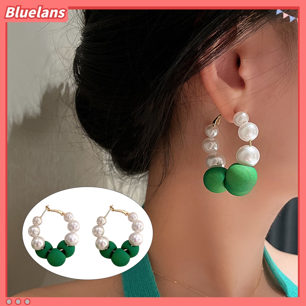 Anting Hoop 925 Sterling Silver Aksen Mutiara Tiruan Warna Kontras Untuk Kencan