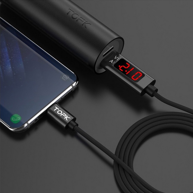 Kabel Charger USB Type C Braided 3A 1.2 Meter with Voltage Meter - CS0129 - Black