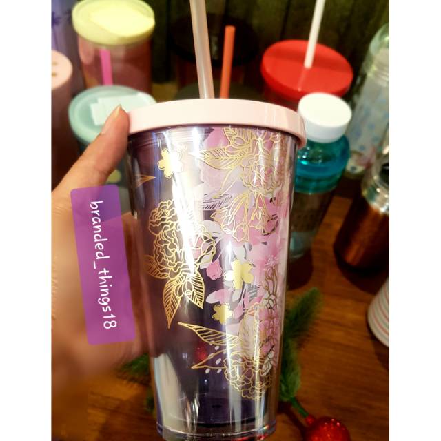 Botol Tumbler STARBUCKS sbux ori logo travel mug vacuum logo plastic grande flower purple pink