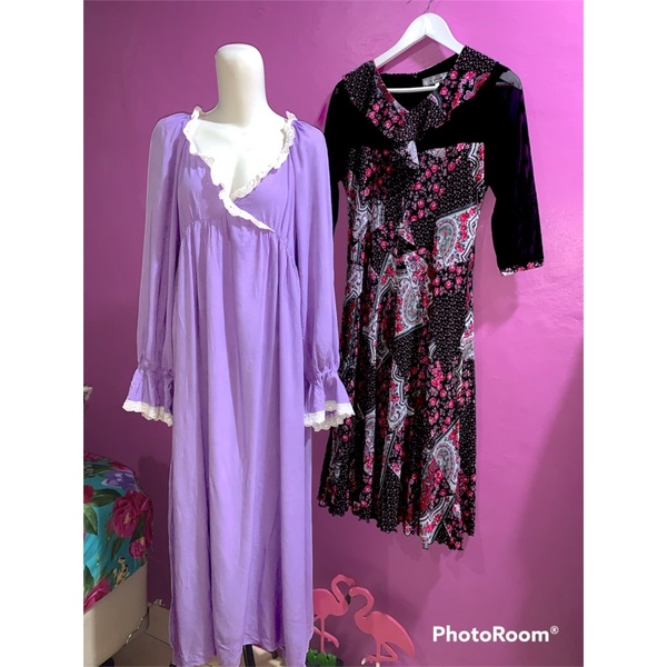 Dress Lilac vintage smoke lengan balon dress korean style