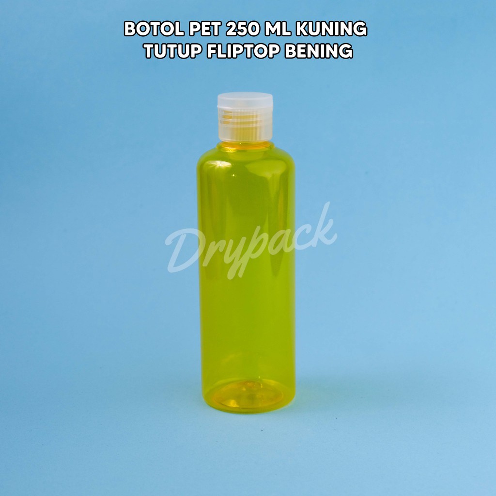 BOTOL PET 250 ML ROUND KUNING TUTUP FLIPTOP