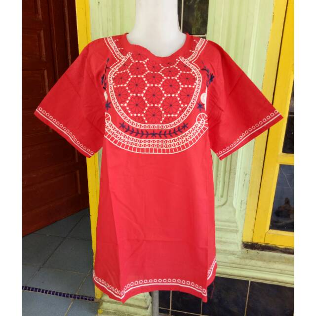 BLUS ATASAN JUMBO KATUN BORDIR BUNGA KIPAS (MERAH)
