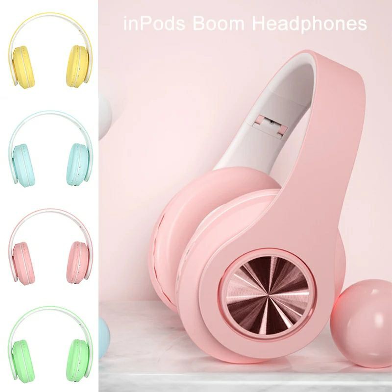 Headphone Bluetooth Inpods Boom Macaron Headset Stereo Wireless V5.0