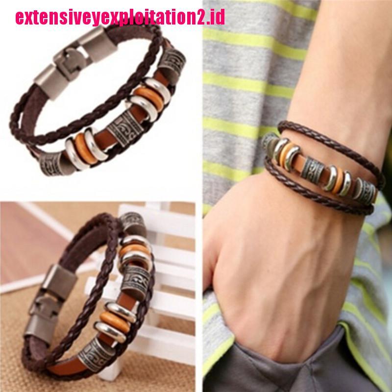 &lt; E2id &amp; &gt; Gelang Tangan Kulit Coklat Handmade Gaya Retro Punk Untuk Pria