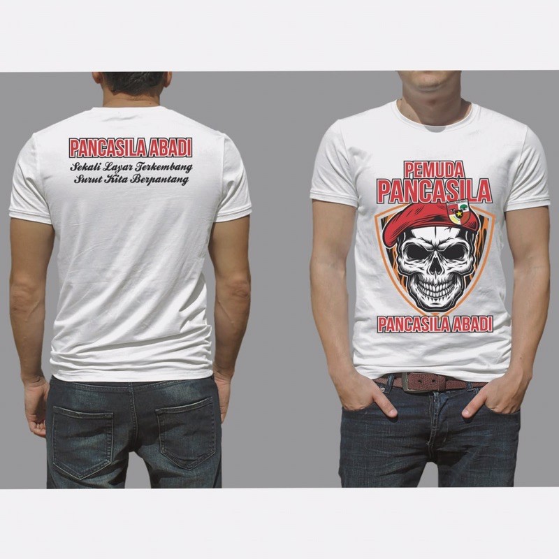 kaos pemuda pancasila tengkorak warna putih combat 30s plastisol free stiker