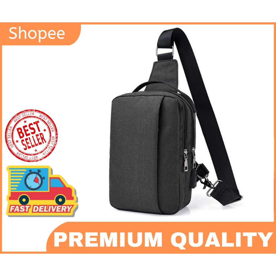 Crossbody Tas Selempang Bahan Canvas + USB Tas Slempang Besar Pria Cowok Smart Bag