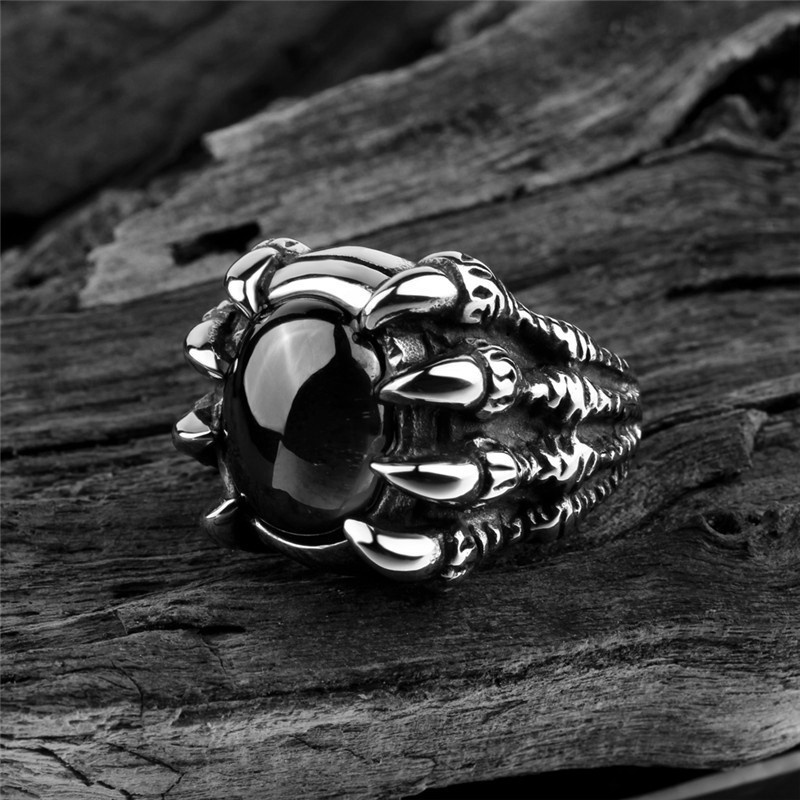 Cincin Ruby Hitam Desain Naga Enam Cakar Gaya Gothic Untuk Pria