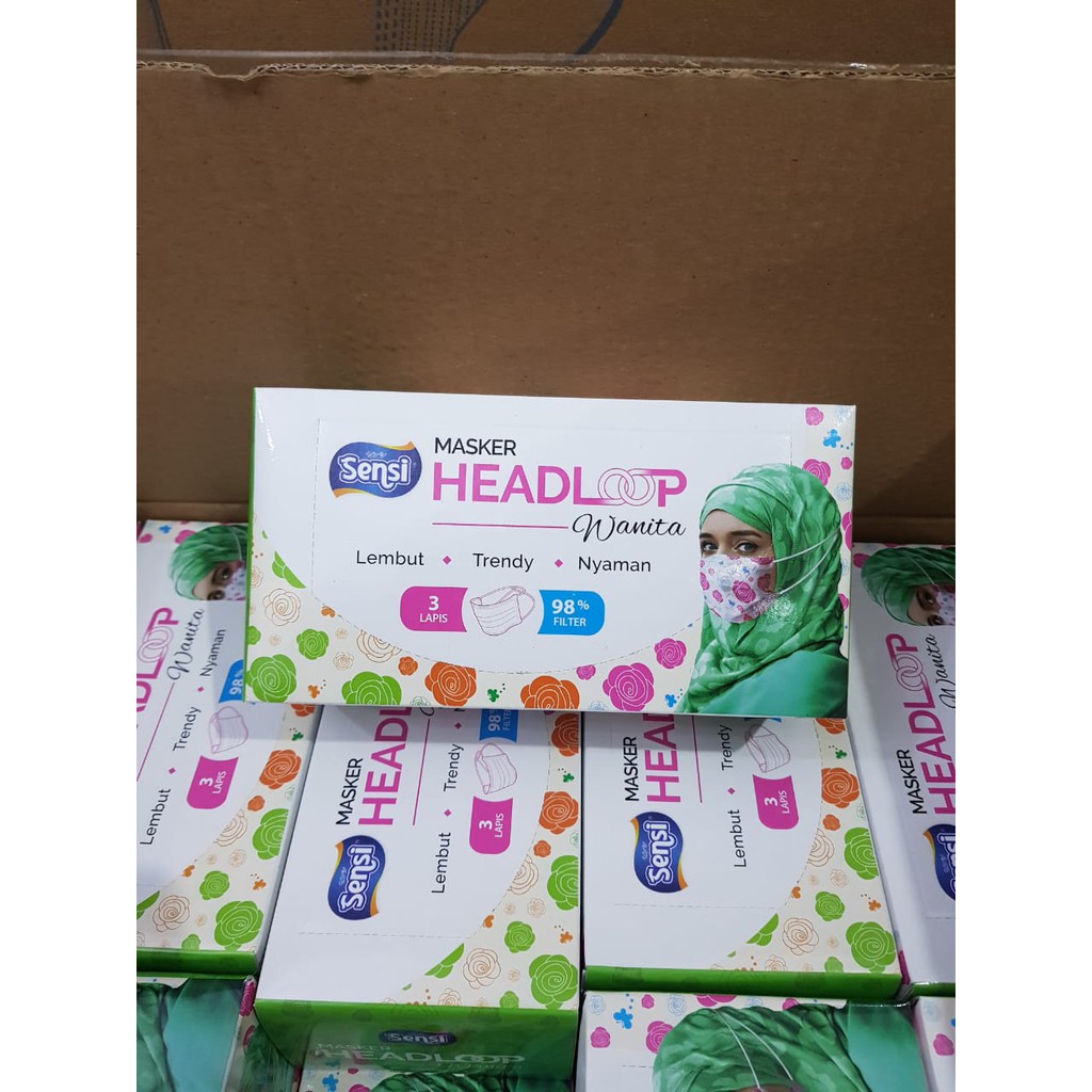 Masker Sensi Headloop Wanita / Hijab Motif 3 Ply isi 40 / Masker Medis