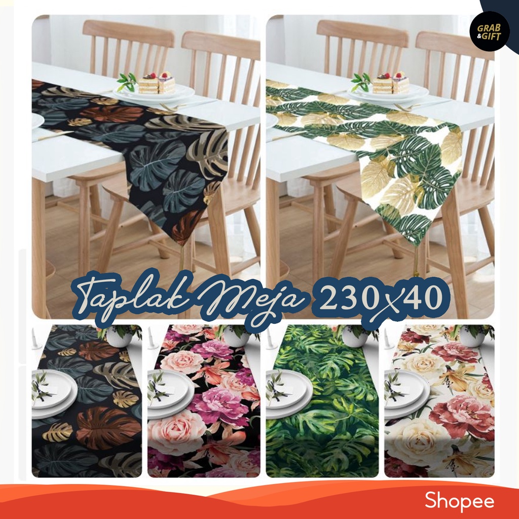 Taplak Meja Panjang Table Runner 230X40CM Motif Campur Floral Daun Plant Leaf Monstera