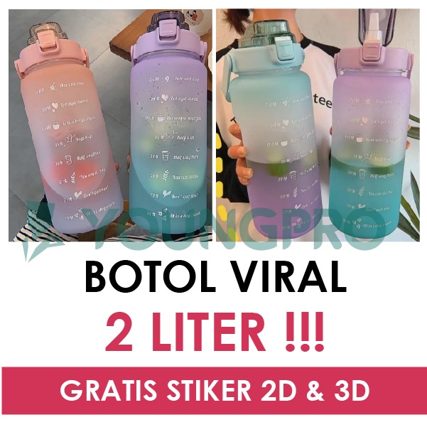 YOUNGPRO Botol Tempat Minum Motivasi Viral 2 Liter Botol Air Minum Plastik 2L Unik Murah Botol Minum Anak Cowok Cewek Dewasa BPA Free Sticker 3D 2D