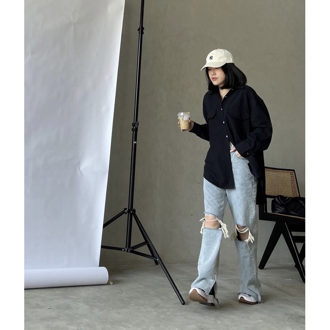 SIVALI Kemeja Oversize Linen Wanita Double Pocket | Linen Shirt - Atasan Lengan Panjang 3304