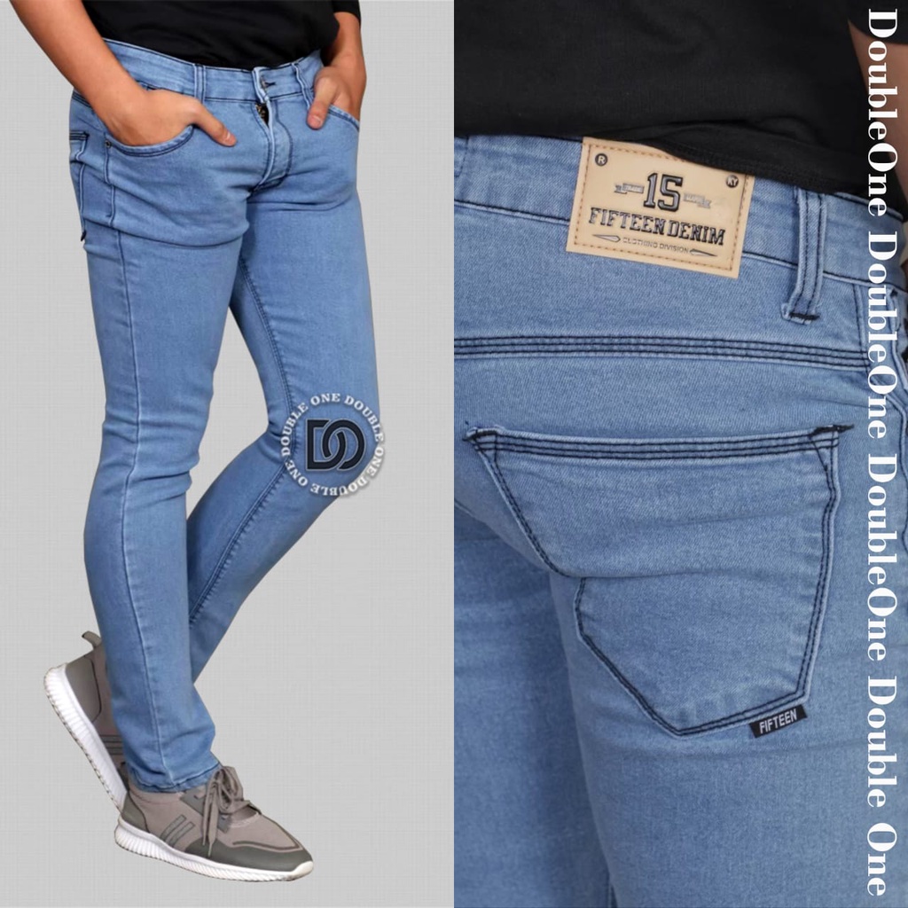 DOUBLE ONE Celana Jeans Panjang Pria Slim Fit Original FIFTEEN DENIM Biru Muda Polos