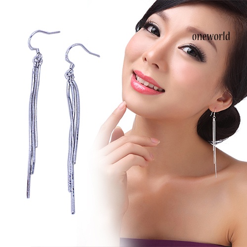 OW@ Women's Slim Tassel Hook Earrings Silver Plated Pendant Eardrop Wedding Jewelry