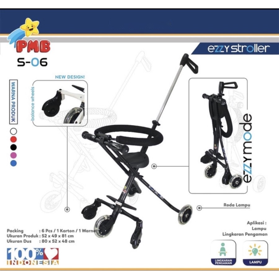 Stroller Anak PMB TOYS S06 Ezzy Kereta Dorong Bayi dan Balita Roda Lima Mode Portable SNI-3