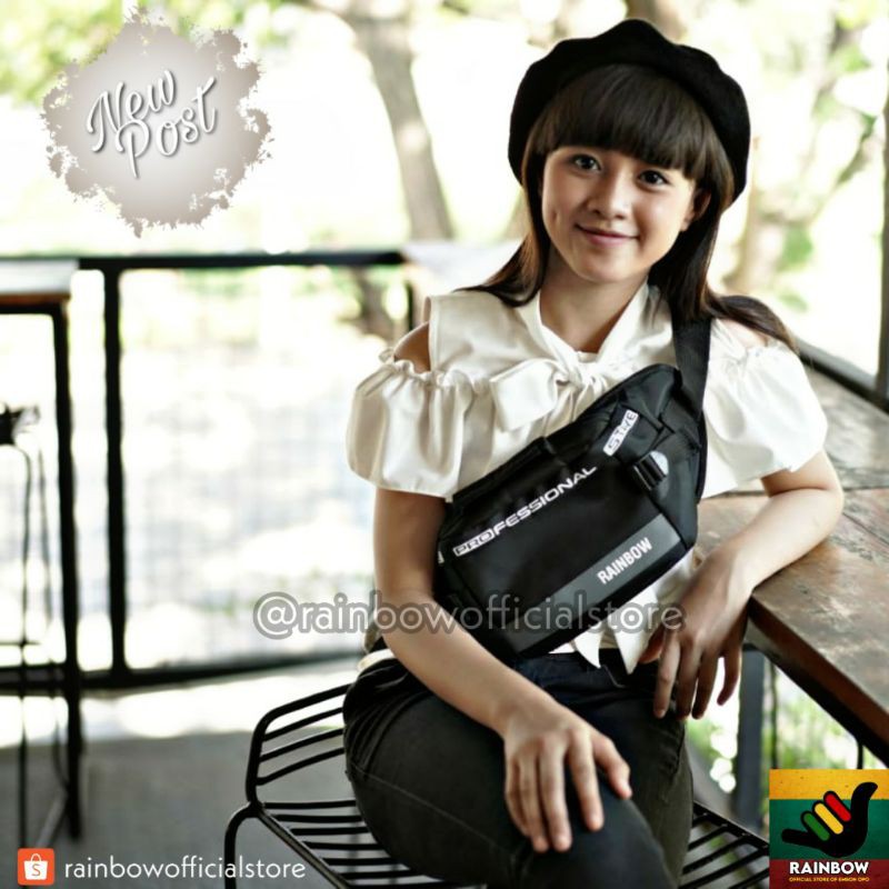 PROMO TERMURAH  TAS WAISTBAG / TAS SELEMPANG / SLINGBAG WATERPROOF / IMPORT RAINBOW HITAM