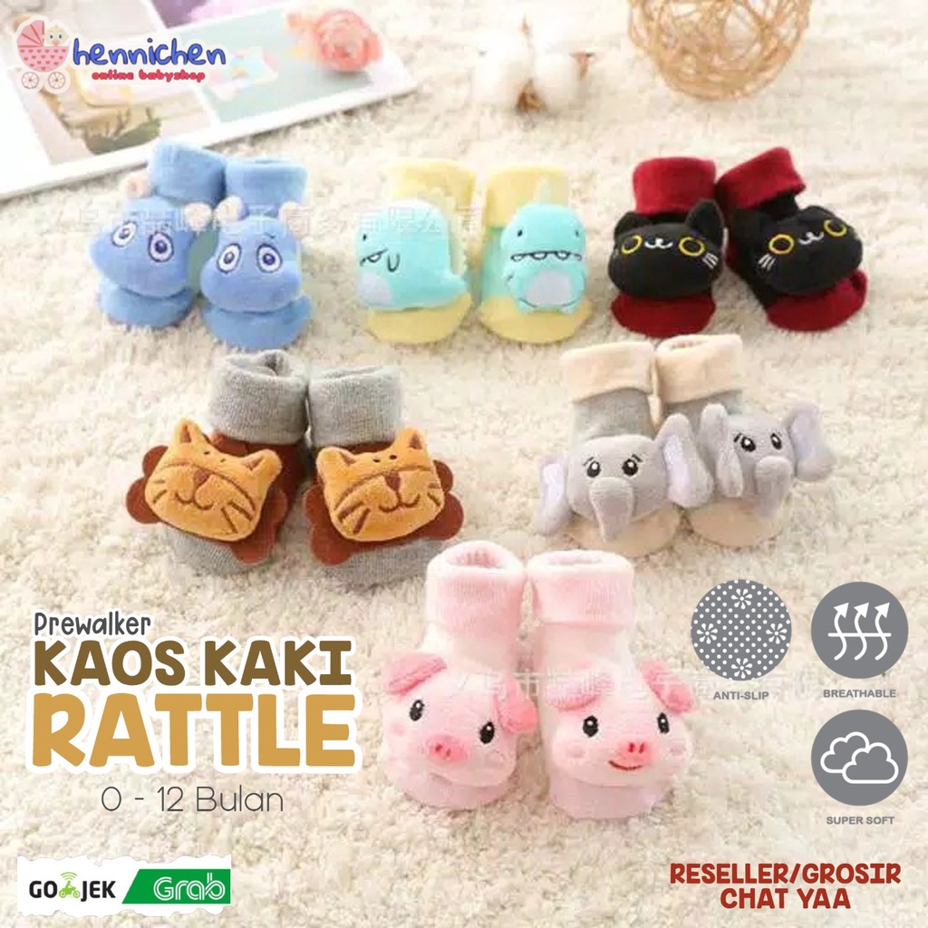 PREWALKER KAOS KAKI KOREA RATTLE DENGAN ANTI SLIP 0-12 Bulan