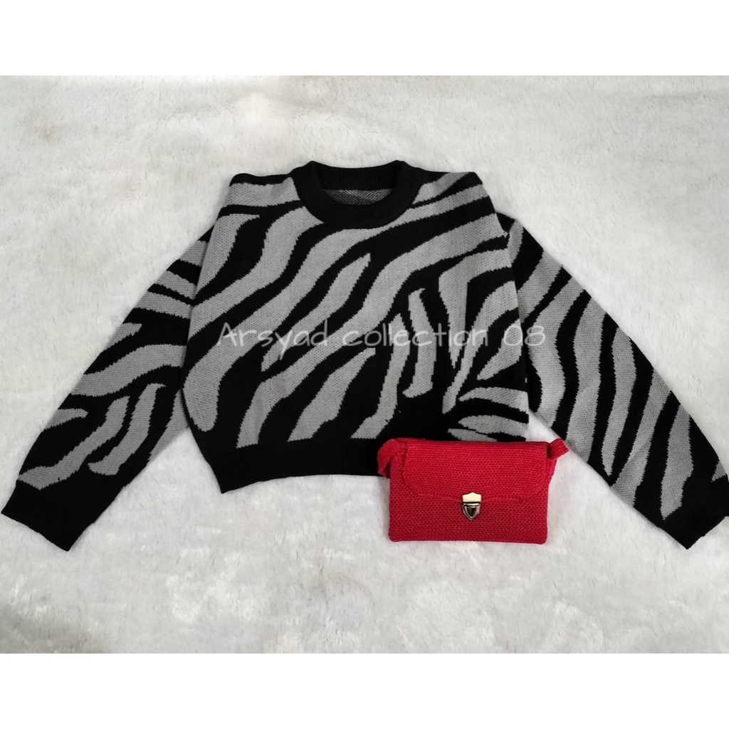 SWEATER RAJUT CROP TOP KNIT MOTIF ZEBRA