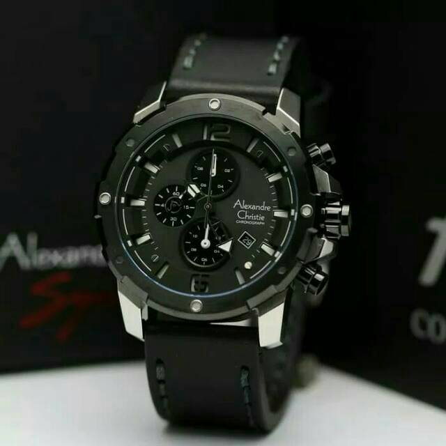 JAM TANGAN PRIA / COWOK ALEXANDRE CHRISTIE SILVER BLACK TALI KULIT ORIGINAL - HITAM AC 6410 LAKI
