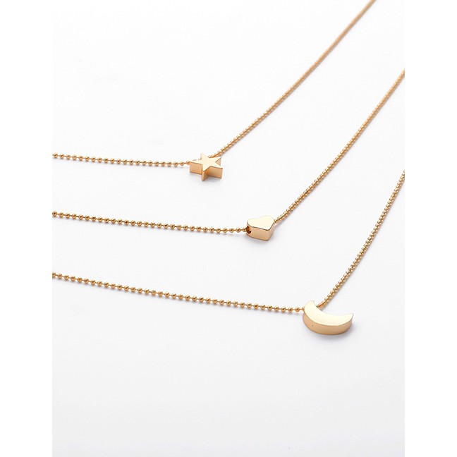 LRC Kalung Fashion Golden Love Five-pointed Star Moon Alloy Multi-layer Necklace K48334