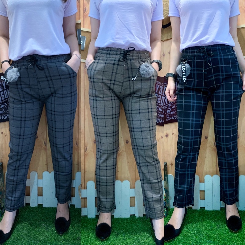 CELANA CASUAL/ KANTOR BAGGY POMPOM TARTAN IMPORT 6601