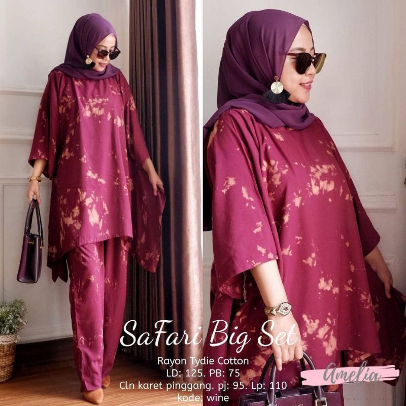 Safari Big Set - One Set Jumbo Waka Waka Setelan Wanita Rayon Batik Tie Dye Premium Set Celana Panjang Bigsize Kekinian LD 125 cm