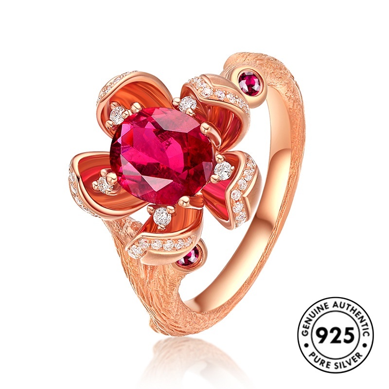 Cincin Desain Bunga Ruby Bahan S925 Silver Warna Rose Gold Untuk Wanita