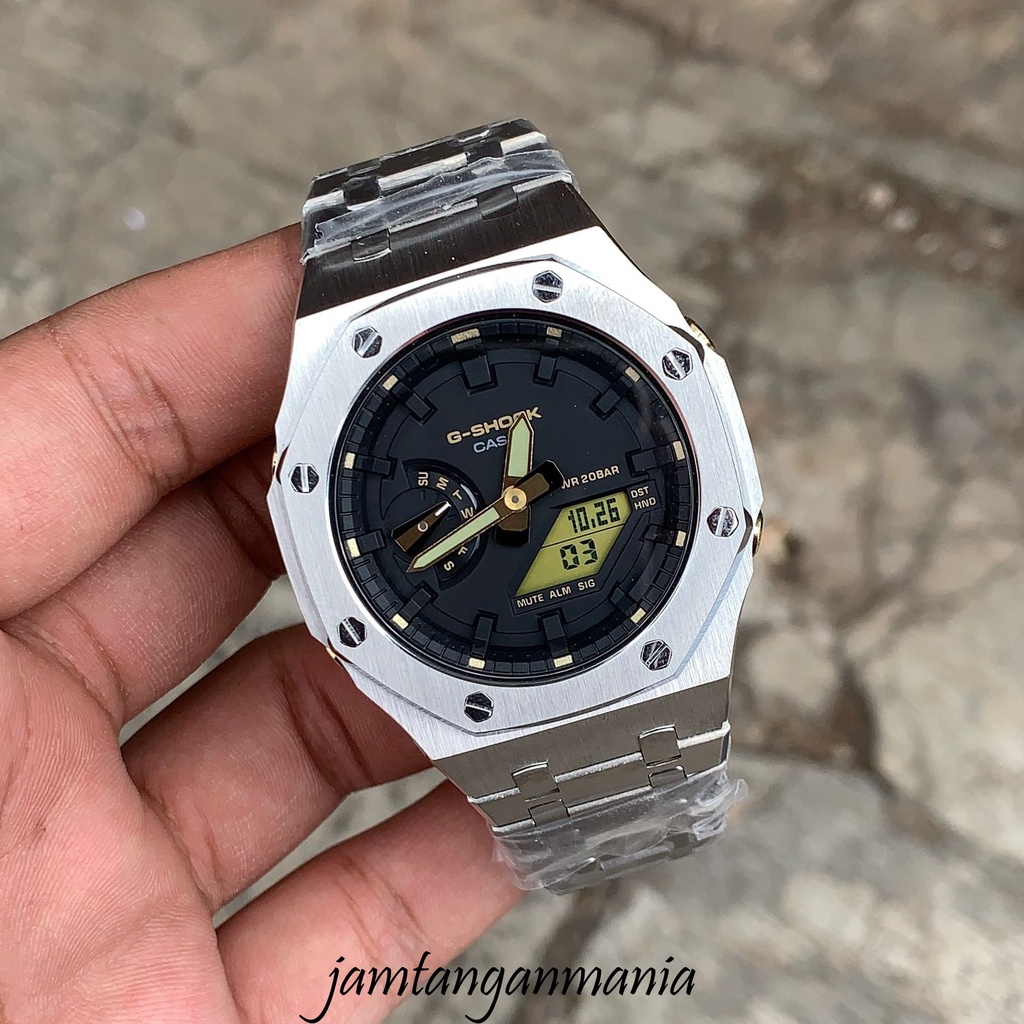 Jam Tangan G-Shock GA2100 GA-2100 GA 2100 Original Custom Strap Bezel Silver Stainless Steel Dial Ye