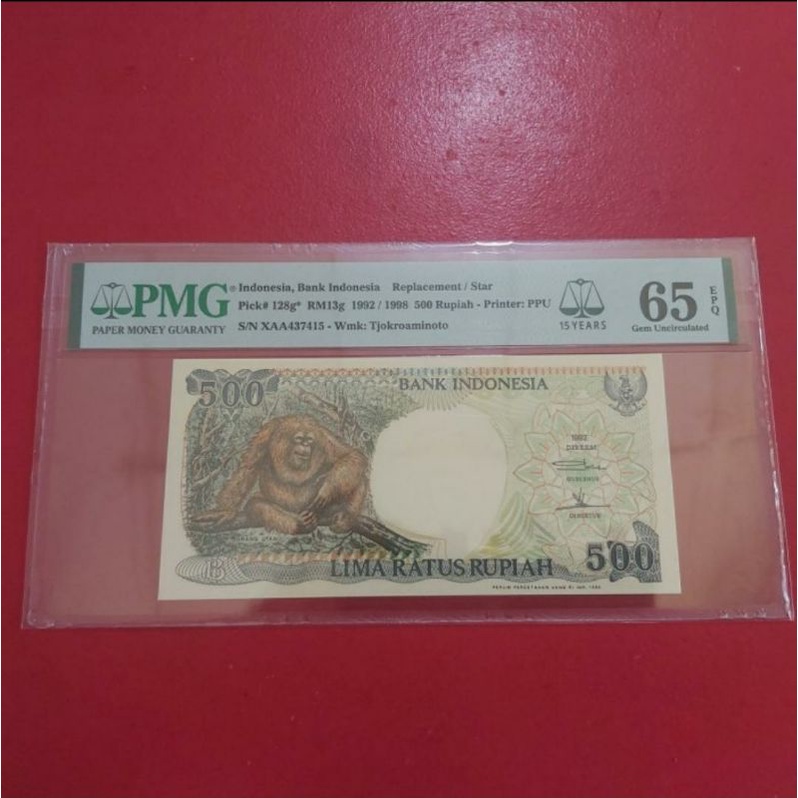 Uang Kertas Kuno 500 Rupiah O. Utan Tahun 1992 PMG 65