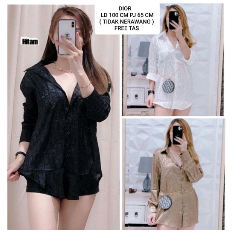 Kemeja wanita satin tangan panjang impor printing DR LV GC CH free tas rantai As6631-5