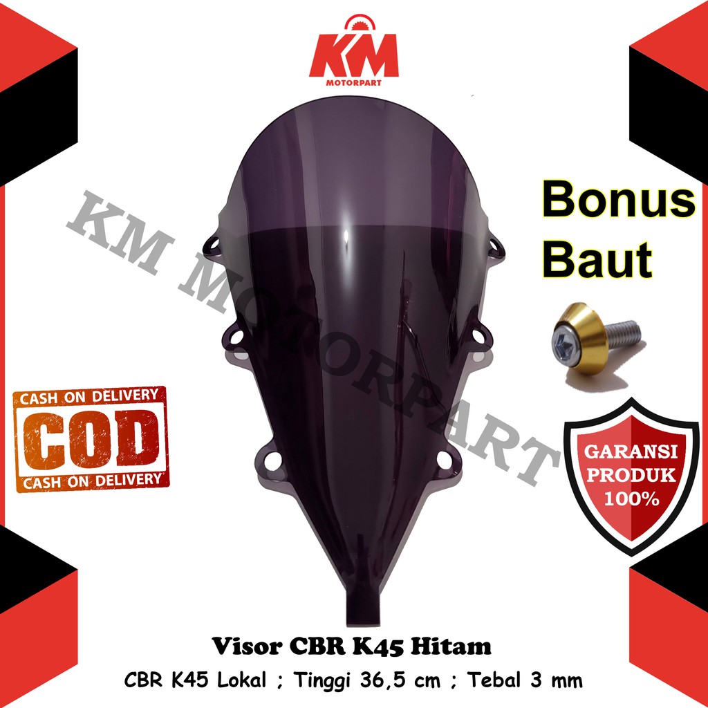 Visor Windshield CBR 150r K45 Lokal K45n Jenong Tinggi 36,5 cm Tebal 3 mm Hitam dan Bening