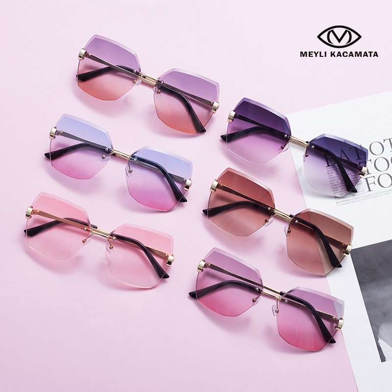 【TERSEDIA & COD】/Kacamata wanita tak berbingkai/Kacamata hitam mode/Kacamata poligon/sunglassesUV400-6