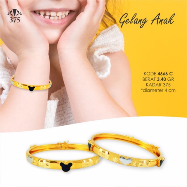 Gelang anak variasi mickey emas asli kadar 375